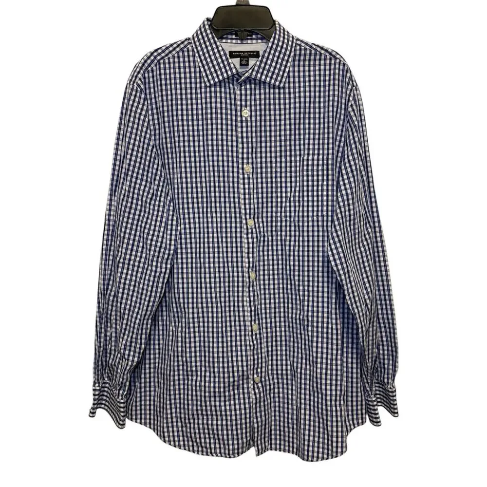 Banana Republic Button Up Men's Large 16-16.5 Fitted Blue Plaid Tailored Italy